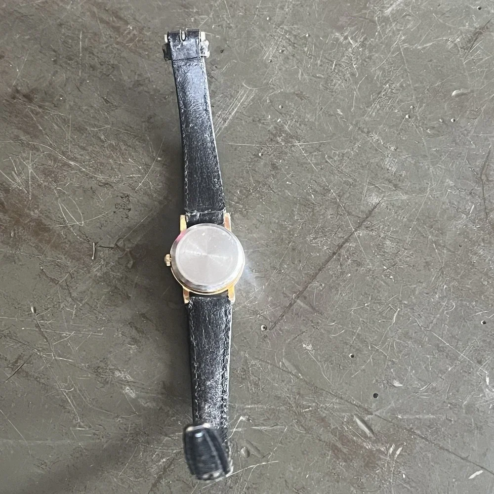 Vintage Diamond Quartz Watch Women Black Leather Strap Analog Round Case AS IS